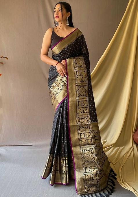 Black Embroidered Blended Saree Set