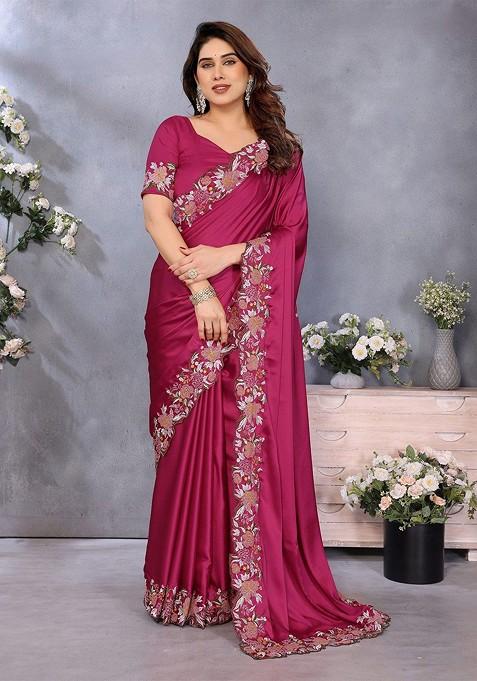 Pink Embroidered Blended Saree Set