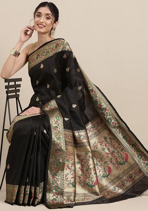 Black Embroidered Blended Saree Set