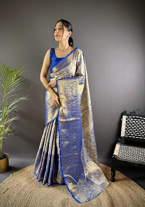 Blue Embroidered Blended Saree Set
