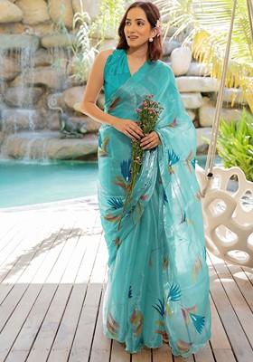 Turquoise Blue Printed Blended Saree Set