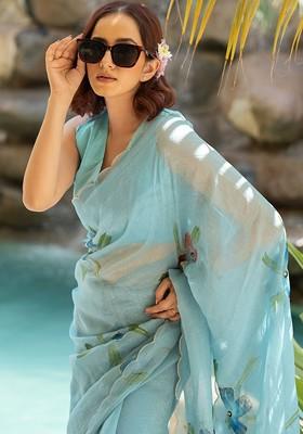 Turquoise Blue Printed Blended Saree Set