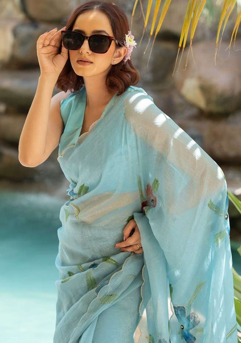 Turquoise Blue Blended Saree Set with Printed for Diwali | Wedding & Festive Wear - Indya