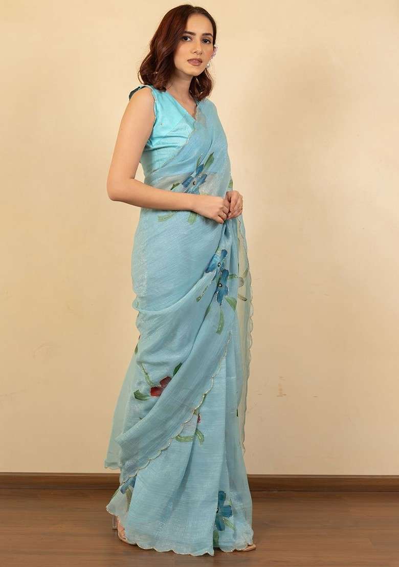 Turquoise Blue Blended Saree Set with Printed for Diwali | Wedding & Festive Wear - Indya