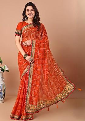 Orange Printed Blended Saree Set