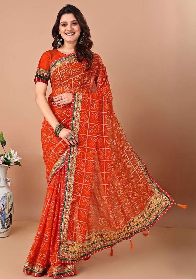 Orange Printed Blended Saree Set for Diwali and Festive Wear - Indya