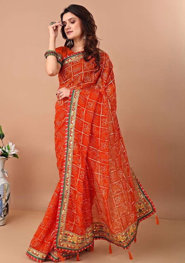 Orange Printed Blended Saree Set for Diwali and Festive Wear - Indya