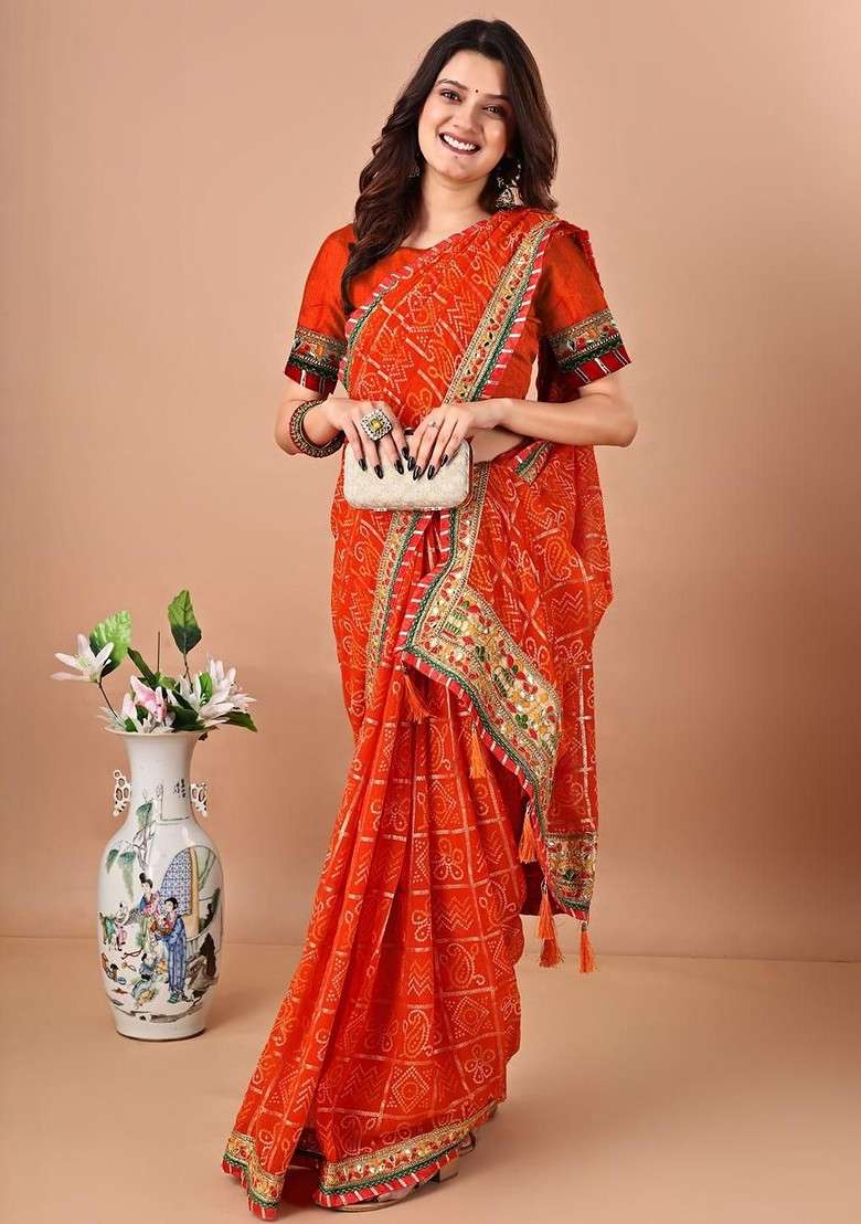 Orange Printed Blended Saree Set for Diwali and Festive Wear - Indya