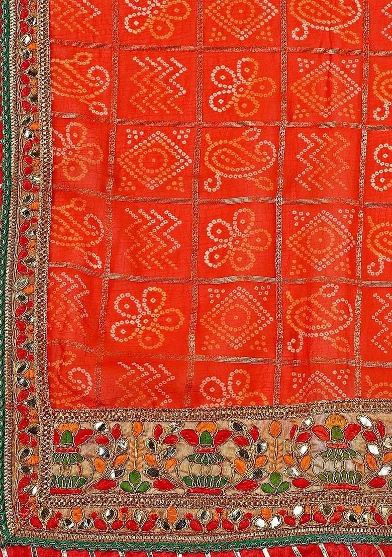 Orange Printed Blended Saree Set for Diwali and Festive Wear - Indya