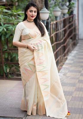 Off White Embroidered Blended Saree Set