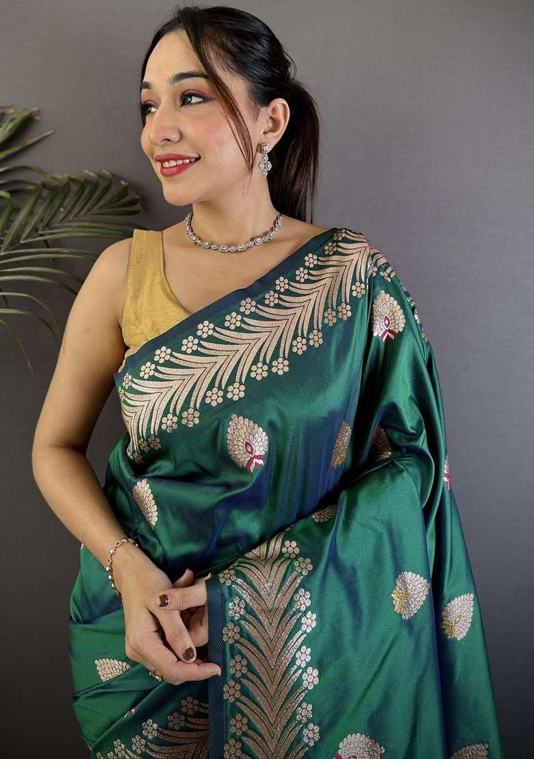 Sea Green Blended Saree Set with Embroidered for Diwali | Wedding & Festive Wear - Indya