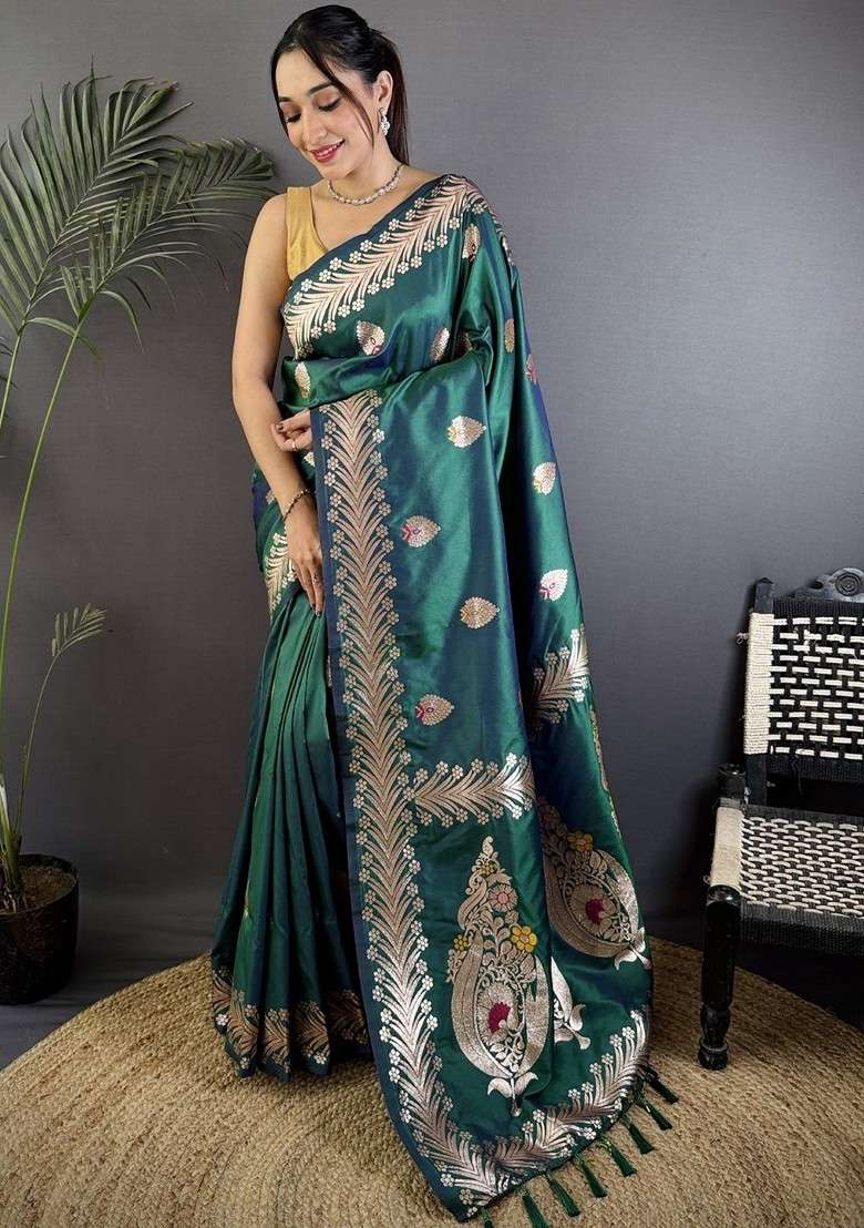 Sea Green Blended Saree Set with Embroidered for Diwali | Wedding & Festive Wear - Indya
