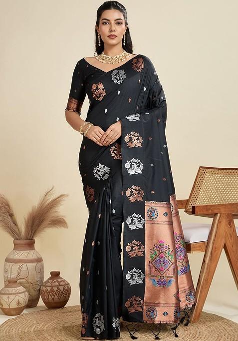 Black Printed Blended Saree Set