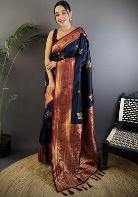 Navy Blue Embroidered Blended Saree Set