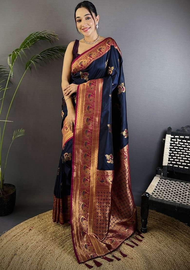 Navy Blue Blended Saree Set with Embroidered for Diwali | Wedding & Festive Wear - Indya