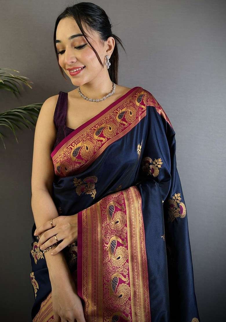 Navy Blue Blended Saree Set with Embroidered for Diwali | Wedding & Festive Wear - Indya
