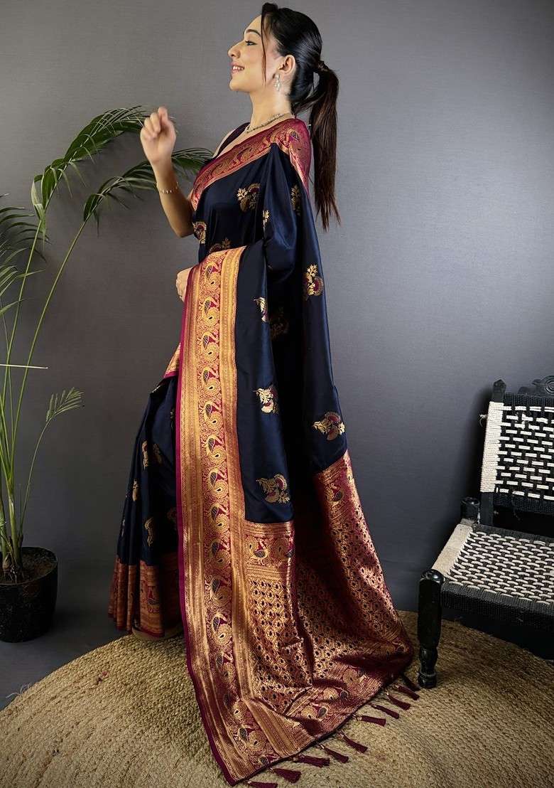 Navy Blue Blended Saree Set with Embroidered for Diwali | Wedding & Festive Wear - Indya