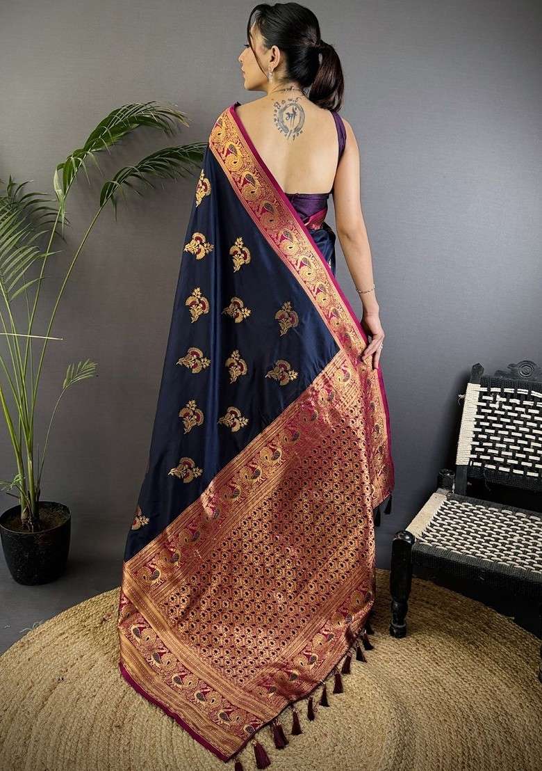 Navy Blue Blended Saree Set with Embroidered for Diwali | Wedding & Festive Wear - Indya