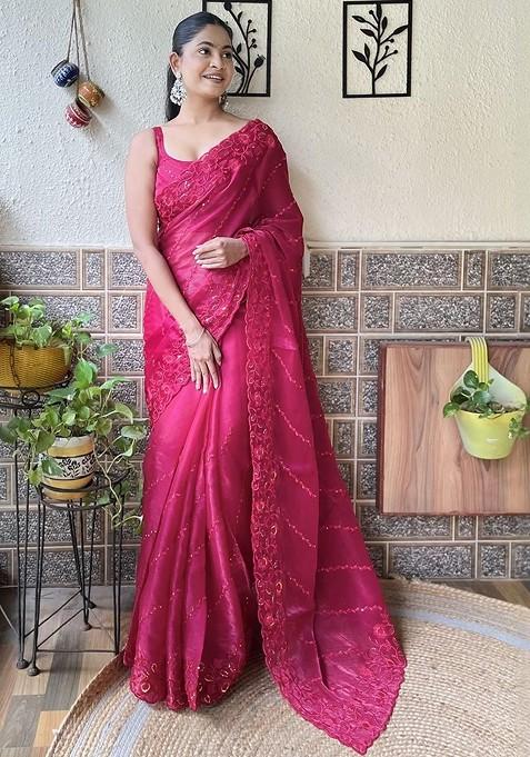 Pink Embroidered Blended Saree Set