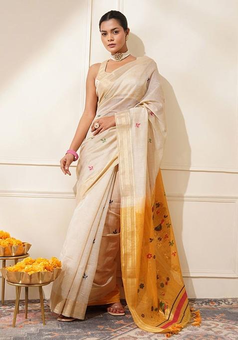 Cream Printed Blended Saree Set