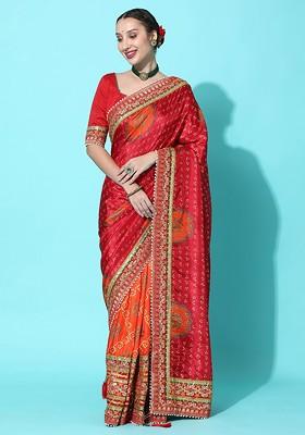 Orange Printed Blended Saree Set