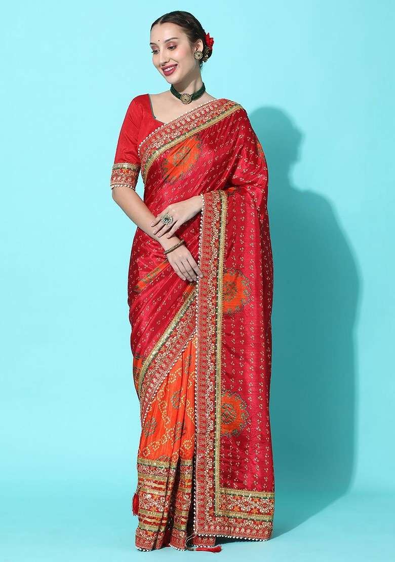 Orange Blended Saree Set with Printed for Diwali | Wedding & Festive Wear - Indya
