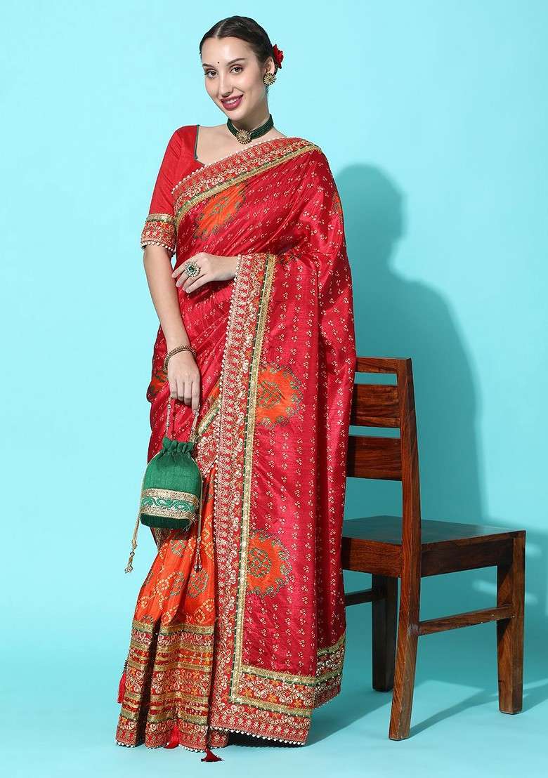 Orange Blended Saree Set with Printed for Diwali | Wedding & Festive Wear - Indya