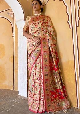 Cream Embroidered Blended Saree Set