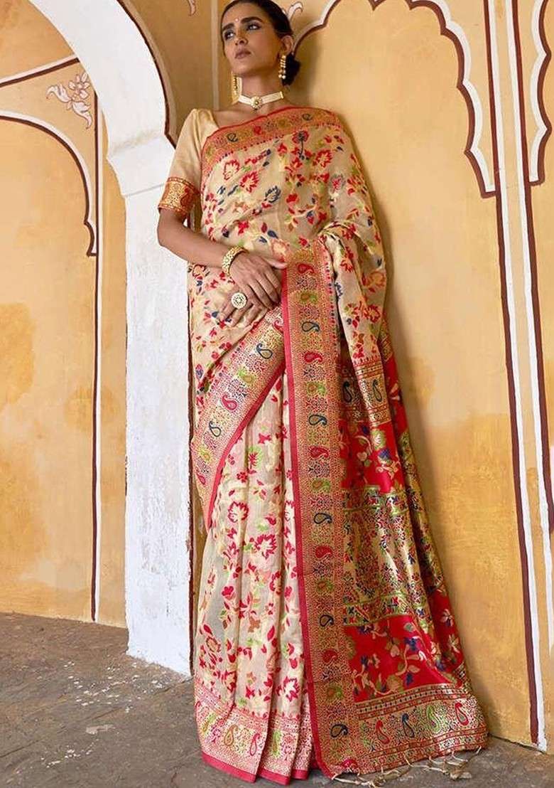 Cream Embroidered Blended Saree Set for Diwali and Festive Wear - Indya