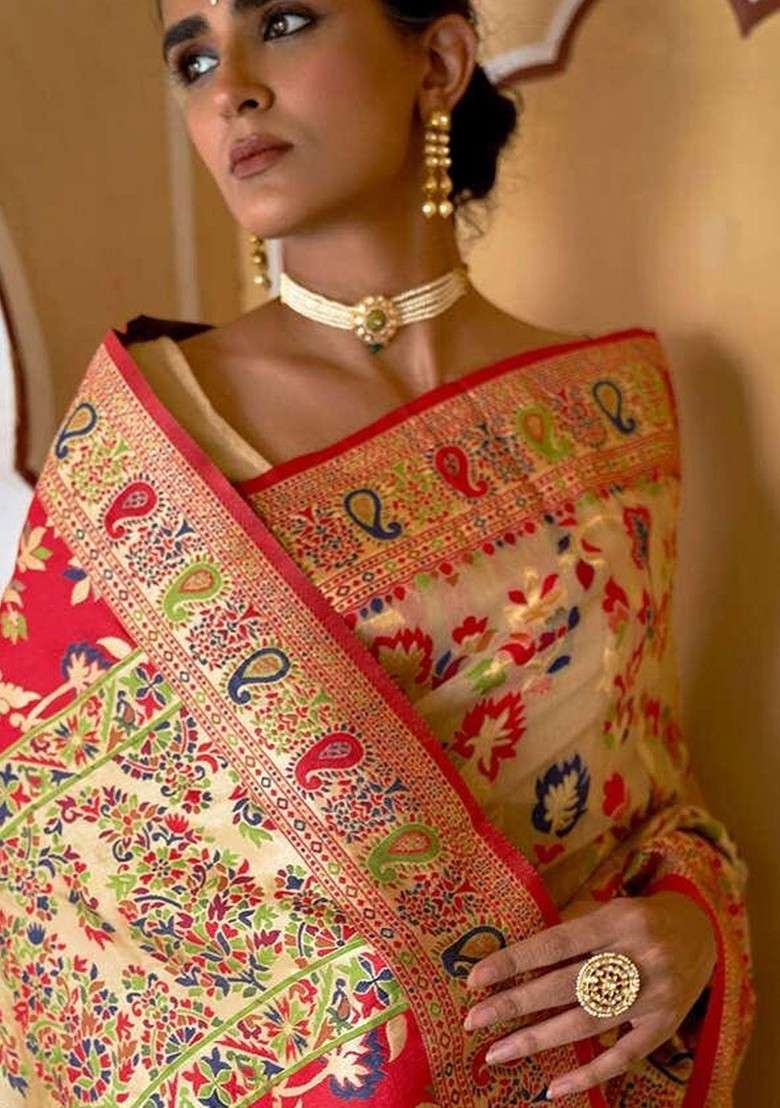 Cream Embroidered Blended Saree Set for Diwali and Festive Wear - Indya
