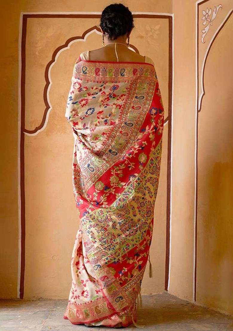 Cream Embroidered Blended Saree Set for Diwali and Festive Wear - Indya