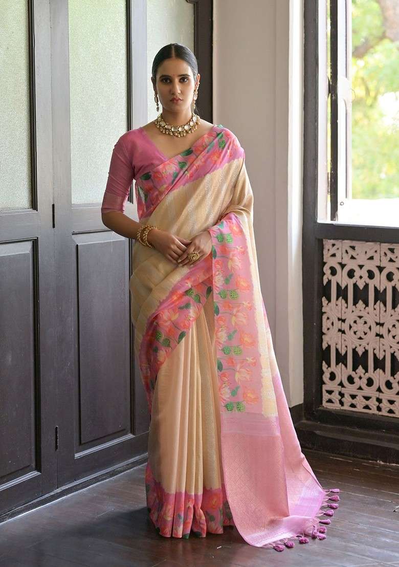 Cream Embroidered Blended Saree Set - Indya