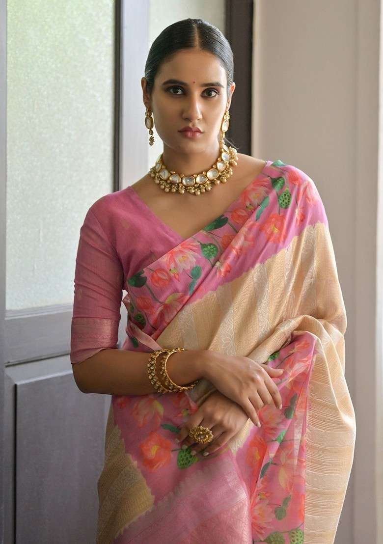 Cream Embroidered Blended Saree Set - Indya
