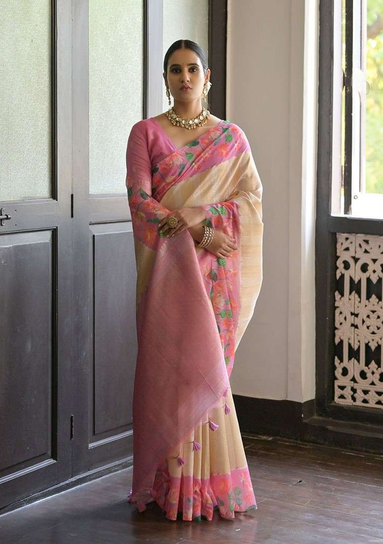 Cream Embroidered Blended Saree Set - Indya