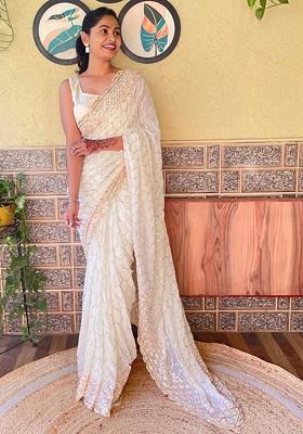 Cream Embroidered Blended Saree Set