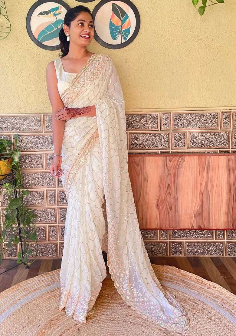 Cream Embroidered Blended Saree Set - Indya