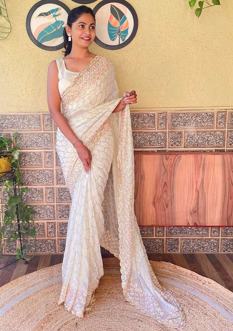 Cream Embroidered Blended Saree Set - Indya