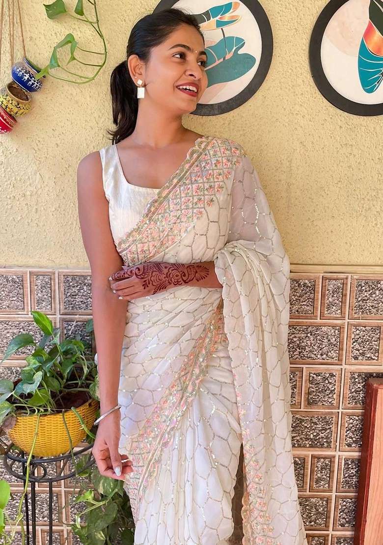 Cream Embroidered Blended Saree Set - Indya