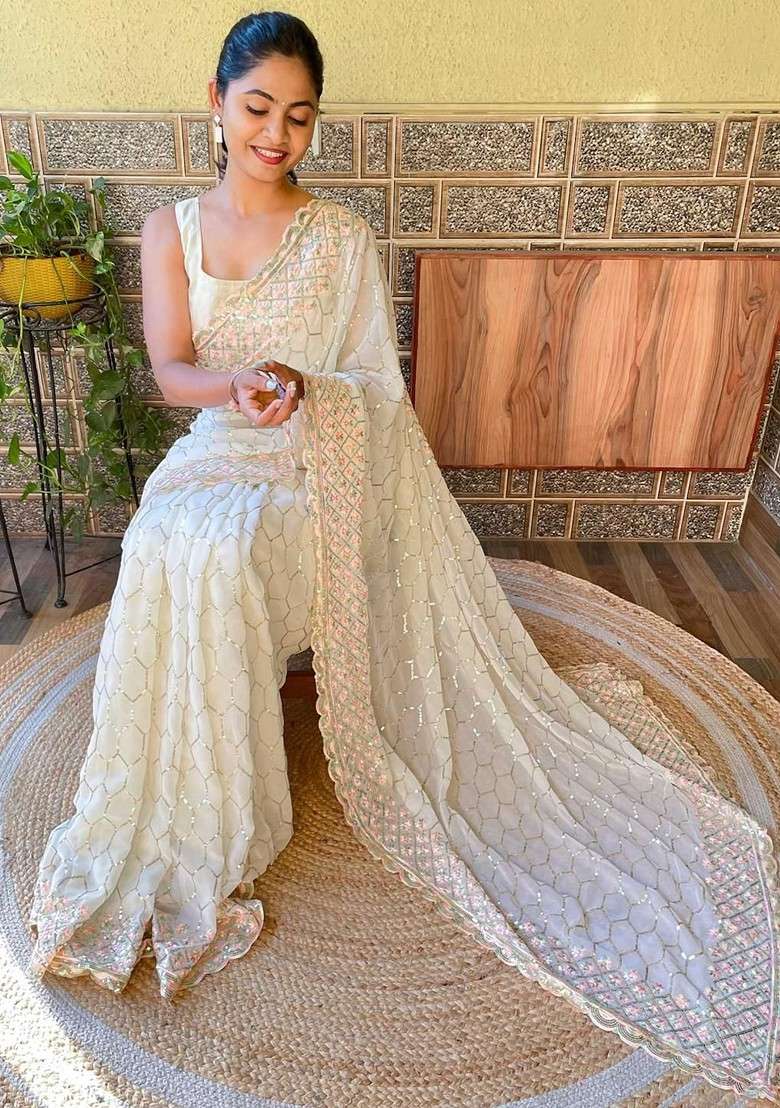Cream Embroidered Blended Saree Set - Indya