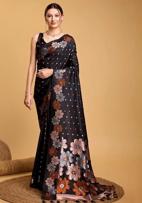 Black Jacquard Blended Saree Set