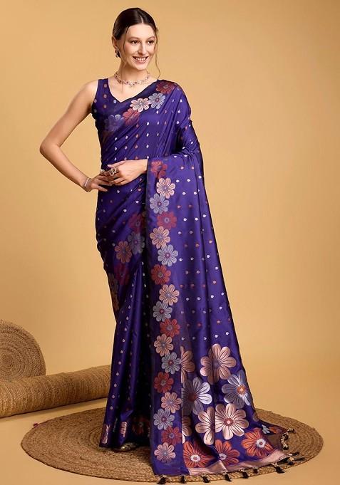 Blue Jacquard Blended Saree Set