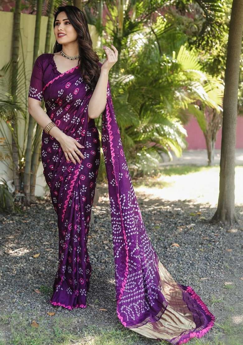 Purple Embroidered Blended Saree Set for Diwali and Festive Wear - Indya
