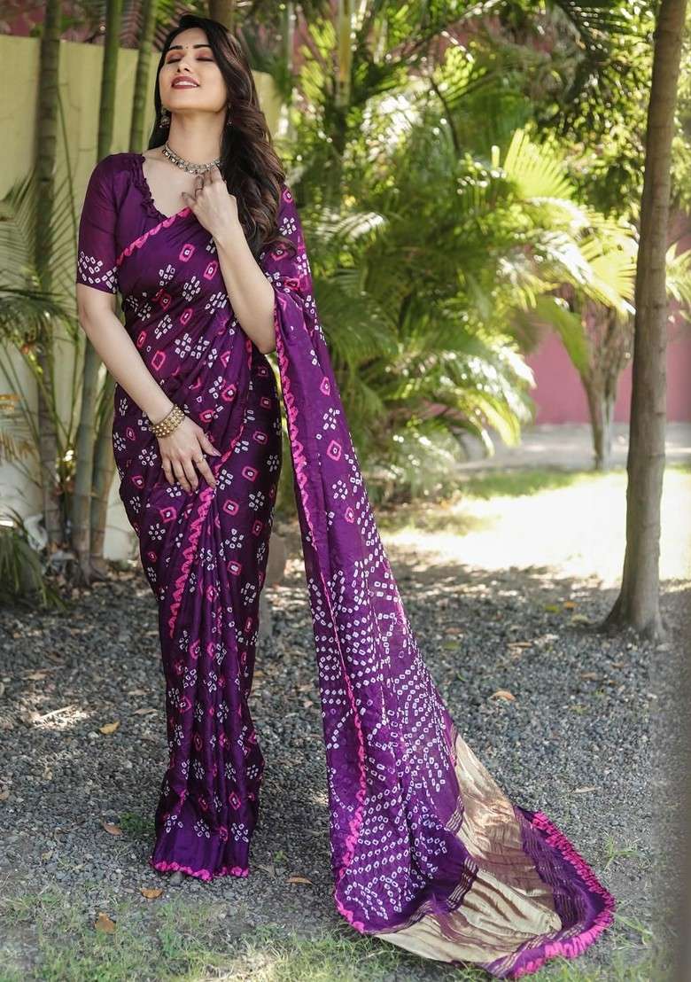 Purple Embroidered Blended Saree Set for Diwali and Festive Wear - Indya