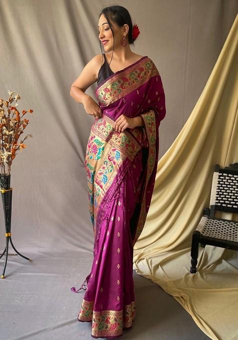 Purple Embroidered Blended Saree Set