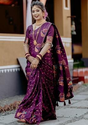Purple Printed Blended Saree Set