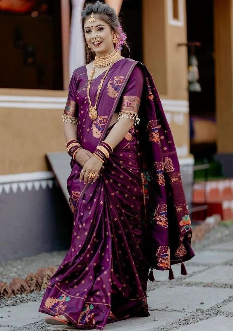 Purple Blended Saree Set with Printed for Diwali | Wedding & Festive Wear - Indya