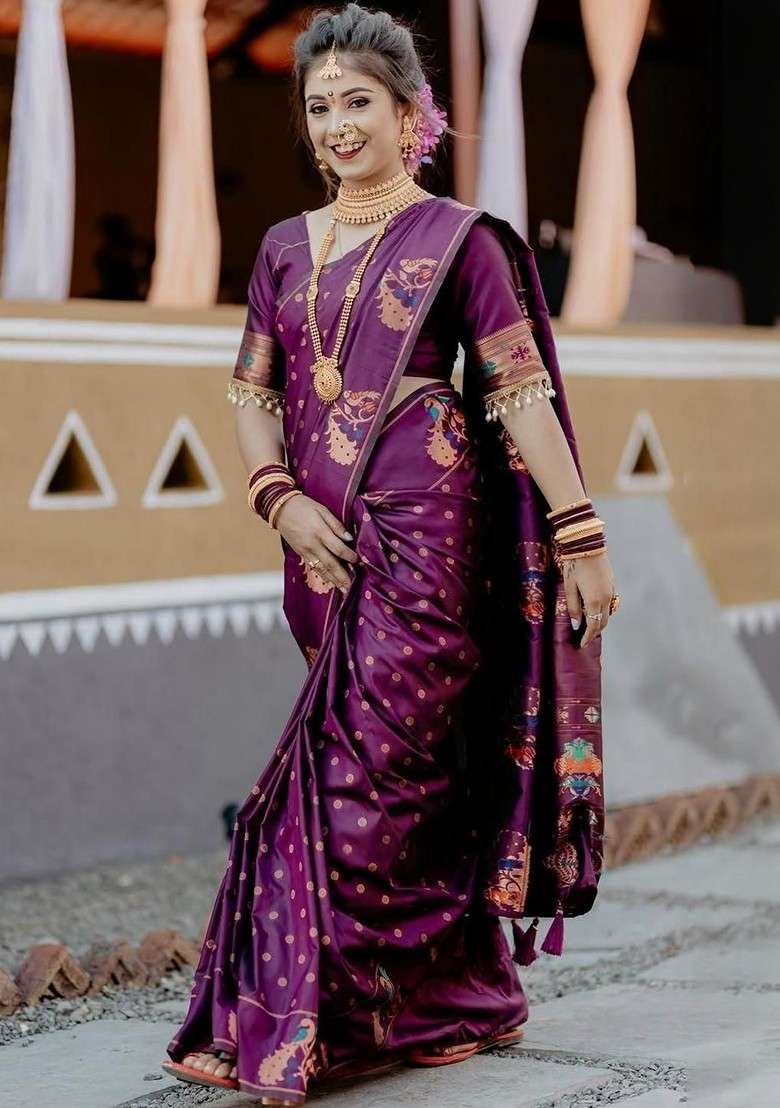 Purple Blended Saree Set with Printed for Diwali | Wedding & Festive Wear - Indya