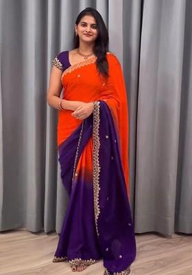 Orange Embroidered Blended Saree Set