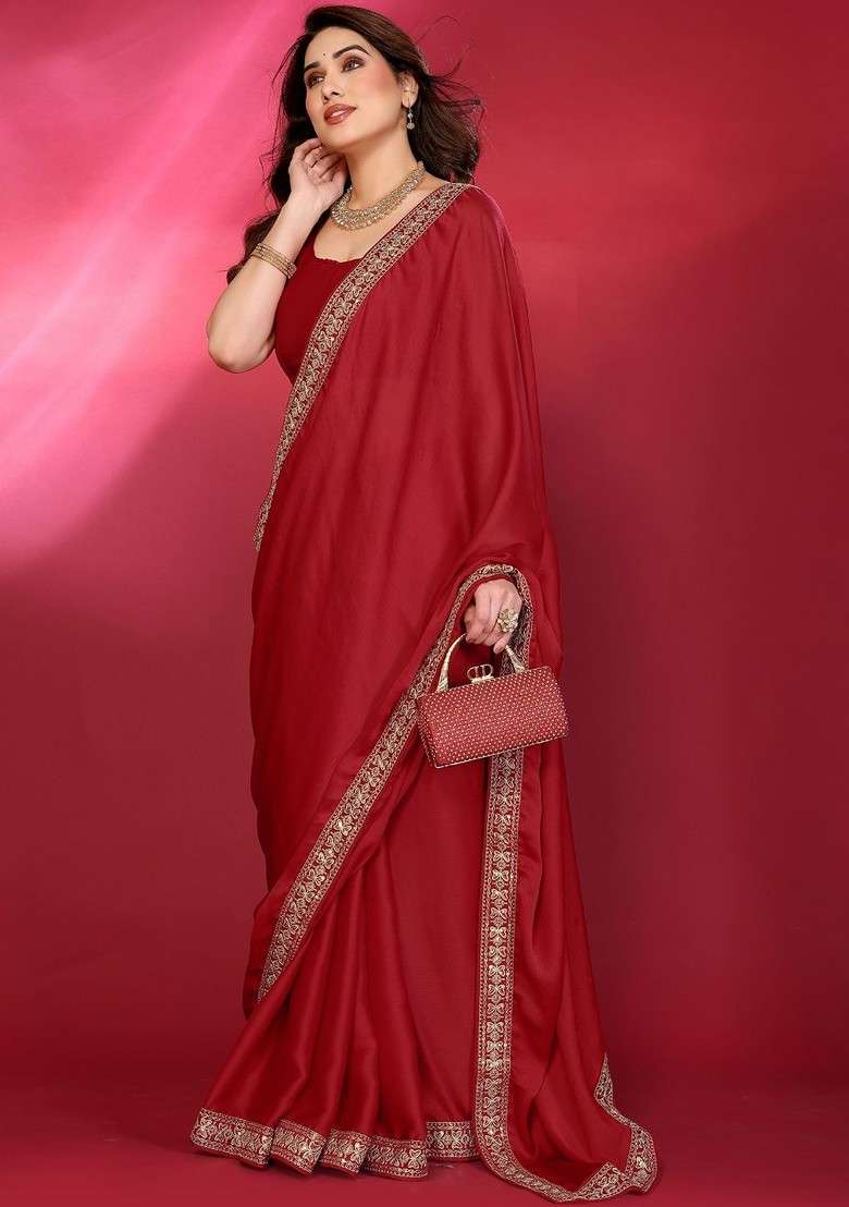 Red Embroidered Blended Saree Set - Indya