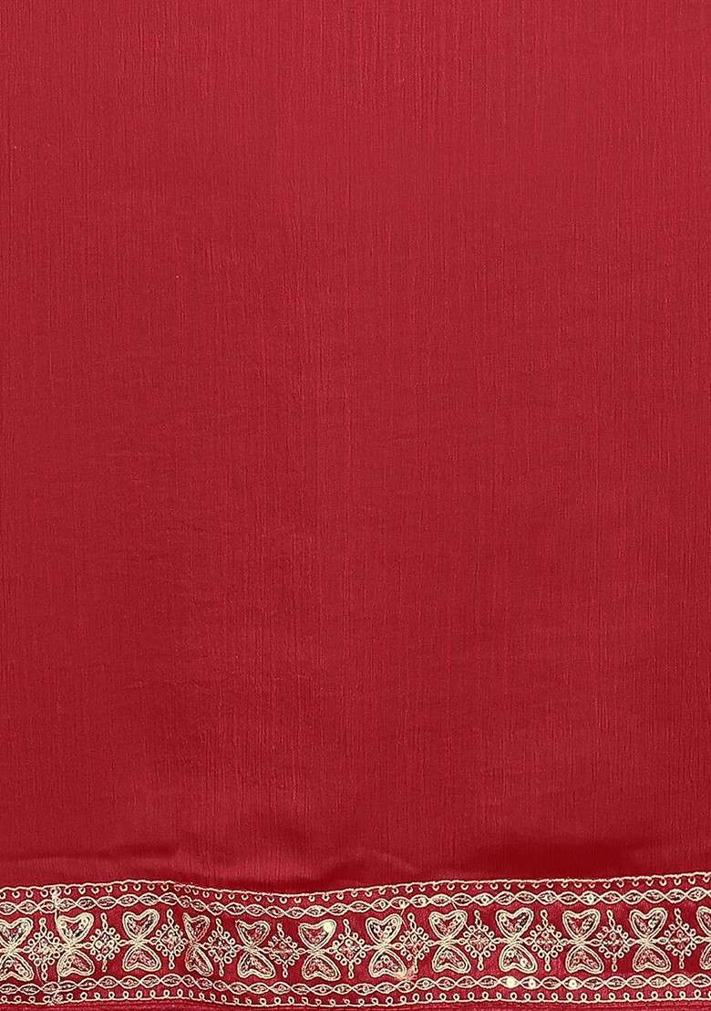 Red Embroidered Blended Saree Set - Indya